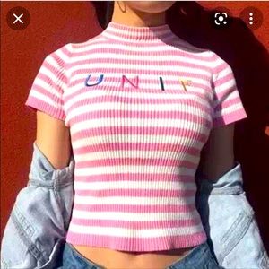 UNIF sz S pink & white striped logo embroidered LENNY stretch Short sleeve shirt